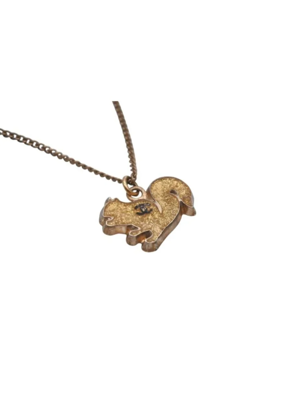 Chanel CC Logo Squirrel Animal Necklace Glitter Gold Plated Yellow
